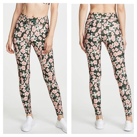 The Upside Leggings 4 Green Floral Poppy High Rise Drawstring Stretch - Picture 1 of 12